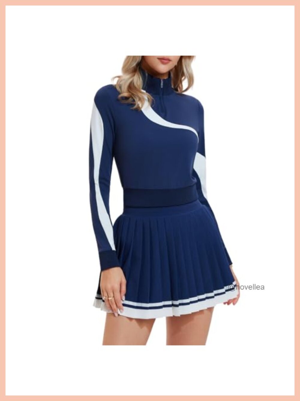 Women 2 Piece Skirt Set Half Zip Long Sleeve Pullover Pleated Tennis Skirt
